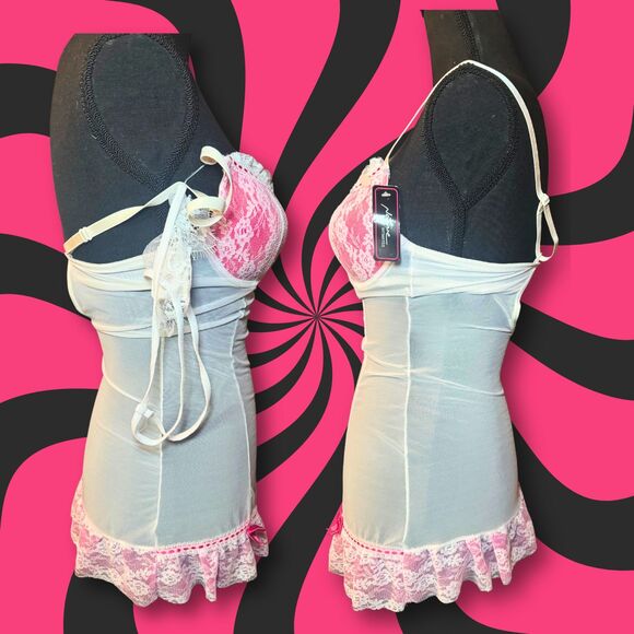 White & Pink Floral Lace Y2K Style Coquette Dollette Babydoll Lingerie Dress - Picture 2 of 5